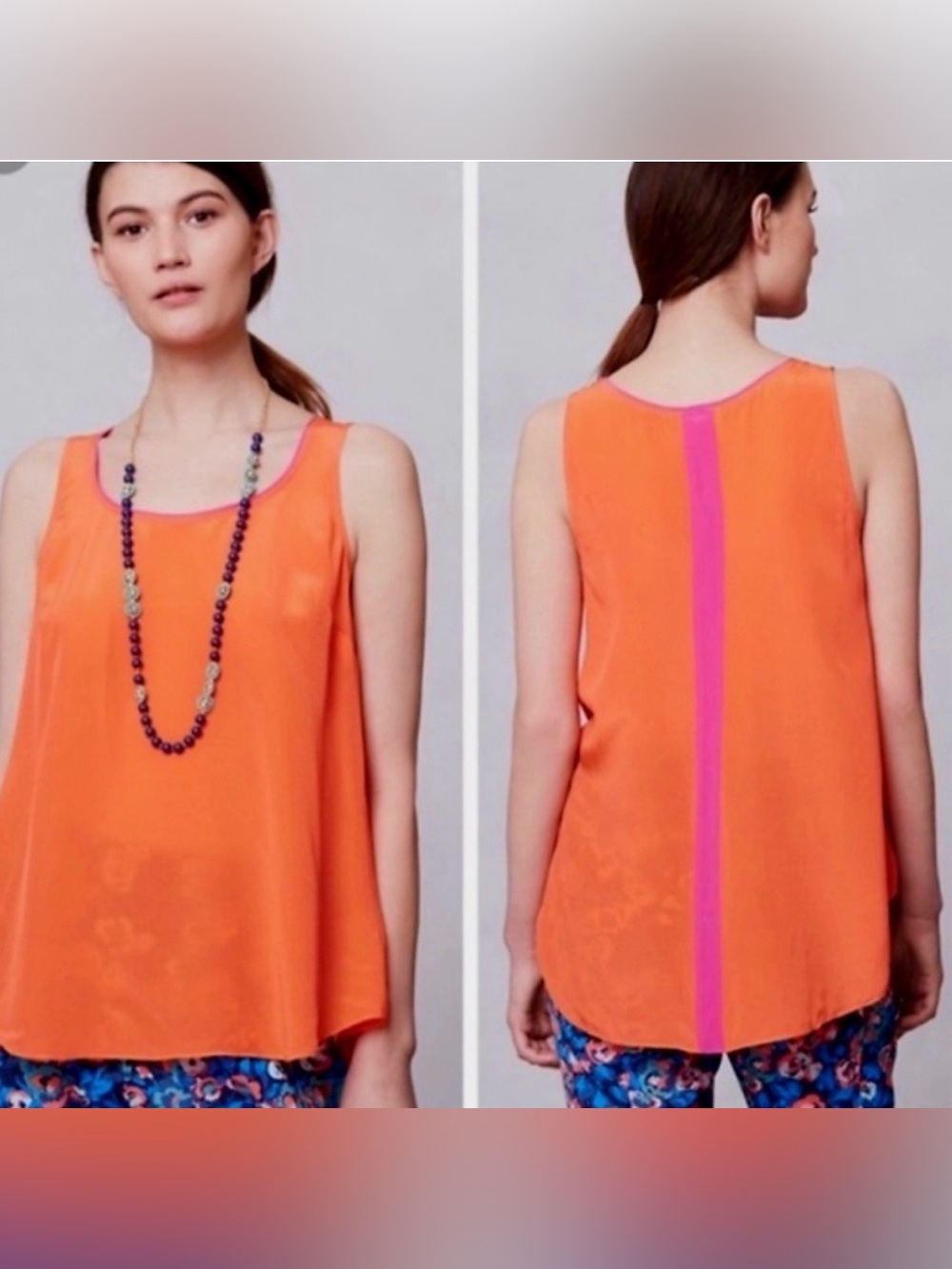 Maeve Anthropologie Women’s 100% silk orange tank with pink stripe size 12‎